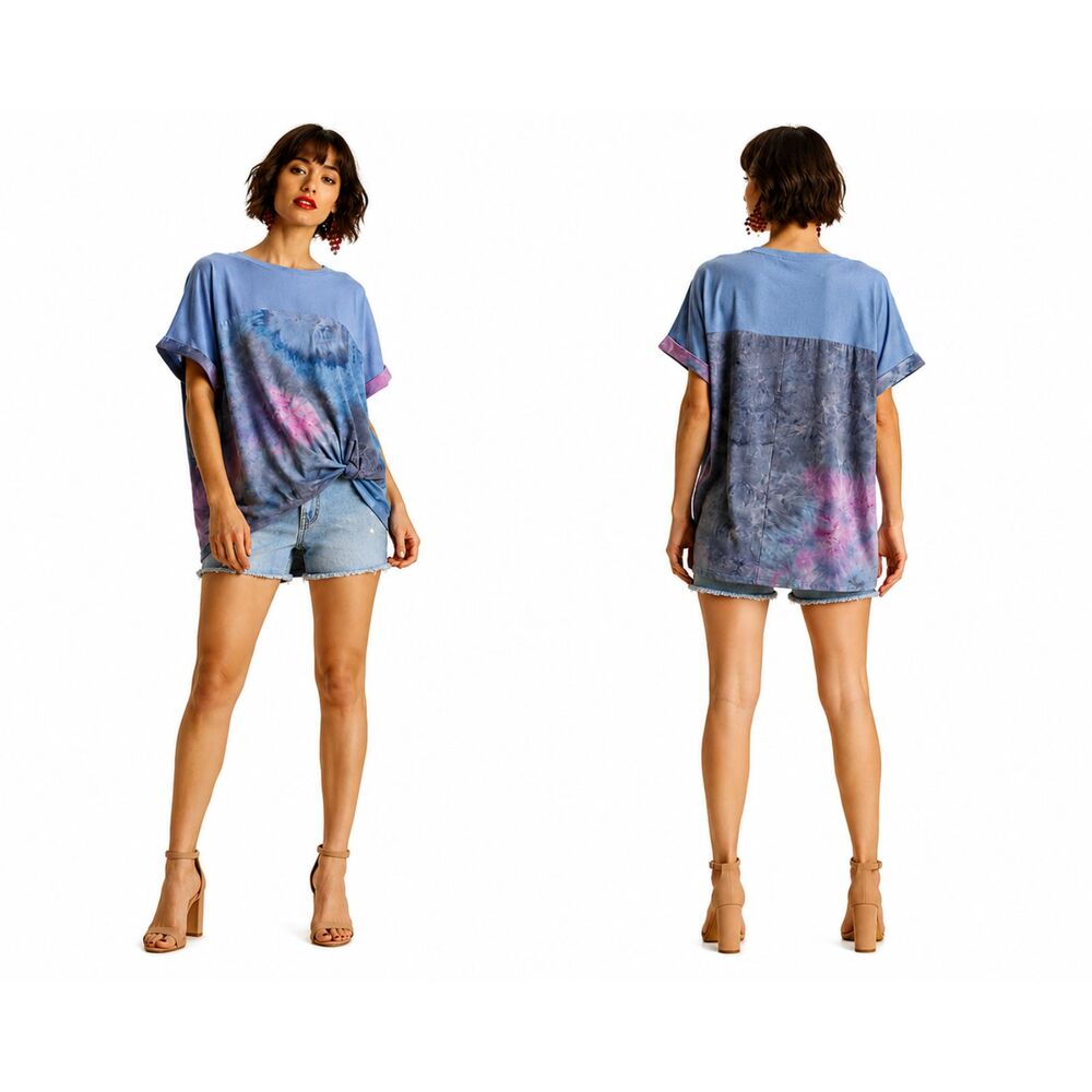 Umgee M 8 10 Blue Watercolor Hi-Low Hem Stretch Slimming Tunic Top M L